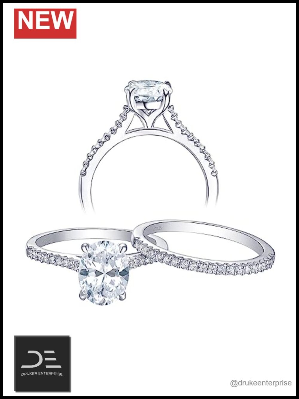 Cubic Zirconia Engagement Ring Set, 925 Sterling Silver Bridal Set Solitaire